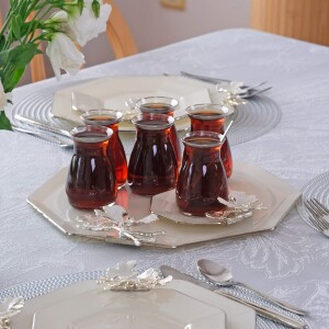 Glore Dolmabahçe Sekizgen Krem Platin Yaldızlı Cam Tepsi - Glore
