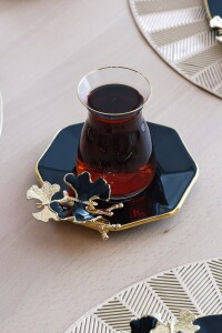 Glore Dolmabahçe Sekizgen Siyah 6 Kişilik Altın Yaldızlı Cam Çay Tabağı Takımı - 4