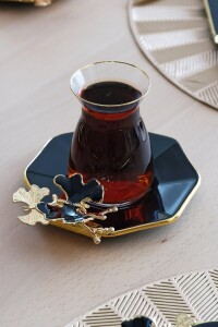 Glore Dolmabahçe Sekizgen Siyah 6 Kişilik Altın Yaldızlı Cam Çay Tabağı Takımı - 5