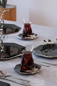 Glore Dolmabahçe Sekizgen Siyah 6 Kişilik Platin Yaldızlı Cam Çay Tabağı Takımı - 2