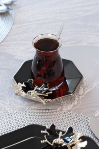 Glore Dolmabahçe Sekizgen Siyah 6 Kişilik Platin Yaldızlı Cam Çay Tabağı Takımı - 3