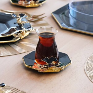 Glore Dolmabahçe Sekizgen Siyah Altın Yaldızlı 12 Parça 6 Kişilik Cam Çay Takımı - Glore