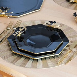 Glore Dolmabahçe Sekizgen Siyah Altın Yaldızlı 6 Kişilik Cam Pasta Tabağı Takımı - Glore