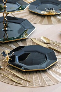 Glore Dolmabahçe Sekizgen Siyah Altın Yaldızlı 6 Kişilik Cam Pasta Tabağı Takımı - Glore (1)