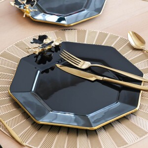 Glore Dolmabahçe Sekizgen Siyah Altın Yaldızlı 6 Kişilik Cam Servis Tabağı Takımı - Glore