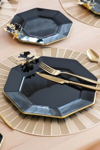 Glore Dolmabahçe Sekizgen Siyah Altın Yaldızlı 6 Kişilik Cam Servis Tabağı Takımı - Glore (1)