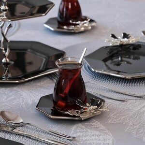 Glore Dolmabahçe Sekizgen Siyah Platin Yaldızlı 12 Parça 6 Kişilik Cam Çay Takımı - Glore
