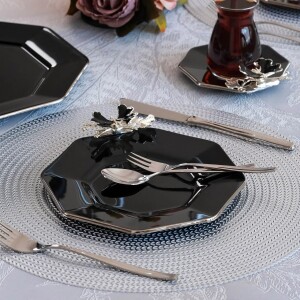 Glore Dolmabahçe Sekizgen Siyah Platin Yaldızlı 6 Kişilik 25 Parça Pasta Çay İkram Takımı - Glore