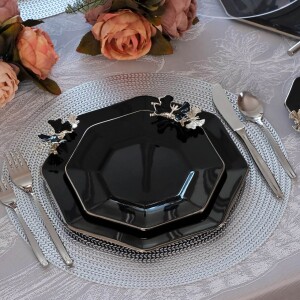 Glore Dolmabahçe Sekizgen Siyah Platin Yaldızlı 6 Kişilik 34 Parça Pasta Servis Takımı - 1