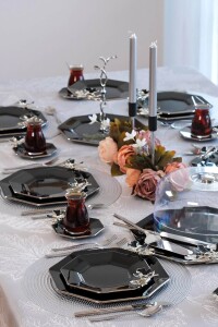 Glore Dolmabahçe Sekizgen Siyah Platin Yaldızlı 6 Kişilik 34 Parça Pasta Servis Takımı - 7