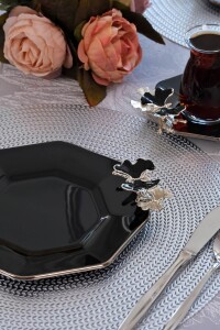 Glore Dolmabahçe Sekizgen Siyah Platin Yaldızlı 6 Kişilik Cam Pasta Tabağı Takımı - 7