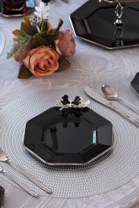 Glore Dolmabahçe Sekizgen Siyah Platin Yaldızlı 6 Kişilik Cam Pasta Tabağı Takımı - Glore (1)