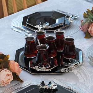 Glore Dolmabahçe Sekizgen Siyah Platin Yaldızlı Cam Tepsi - Glore