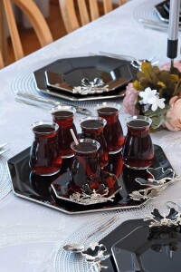 Glore Dolmabahçe Sekizgen Siyah Platin Yaldızlı Cam Tepsi - Glore (1)