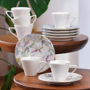 Glore Harmony 12 Parça 6 Kişilik Altın Yaldızlı Seramik Kahve Takımı - Glore