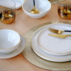 Glore Reaktif Krem Altın Yaldızlı 24 Parça 6 Kişilik Seramik Yemek Takımı - Glore