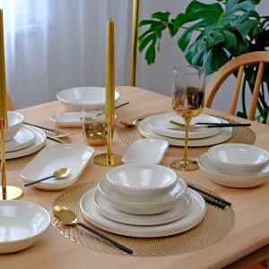 Glore Reaktif Krem Altın Yaldızlı 24 Parça 6 Kişilik Seramik Yemek Takımı - Glore (1)