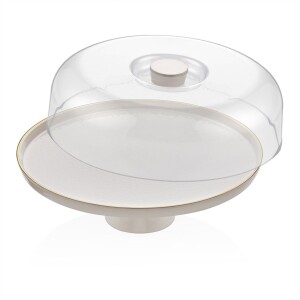 Glore Reaktif Krem Altın Yaldızlı Seramik Ayaklı Kek Fanusu - Glore