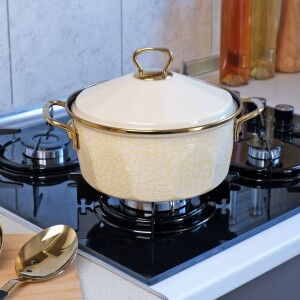 Glore Krem Dokulu Emaye 20cm Kapaklı Tencere - Glore