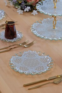 Glore Lace Şeffaf Altın Yaldızlı 6 Kişilik 25 Parça Pasta Çay İkram Takımı - 6