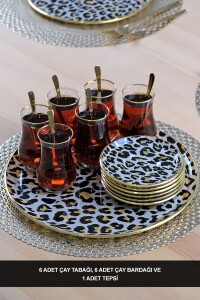 Glore Leopar Somon Altın Yaldızlı 6 Kişilik 13 Parça Tepsili Çay Takımı - Glore