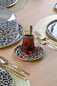 Glore Leopar Somon Altın Yaldızlı 6 Kişilik 13 Parça Tepsili Çay Takımı - 4
