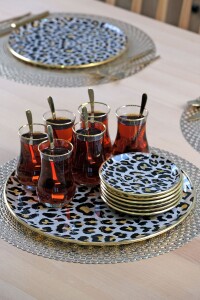 Glore Leopar Somon Altın Yaldızlı 6 Kişilik 13 Parça Tepsili Çay Takımı - 5