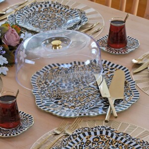 Glore Leopard Altın Yaldızlı Cam Kek Fanusu - Glore