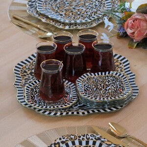 Glore Leopard Altın Yaldızlı Cam Tepsi - Glore