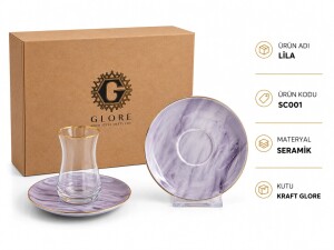 Glore Lila 12 Parça 6 Kişilik Altın Yaldızlı Seramik Çay Takımı - Glore