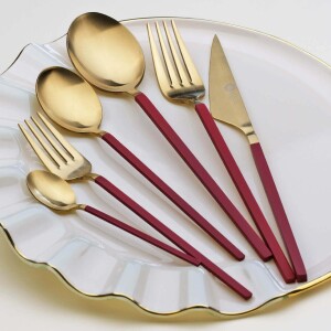 Glore Lizbon 6 Kişilik Çatal Kaşık Bıçak Takımı Gold-Kırmızı - Glore