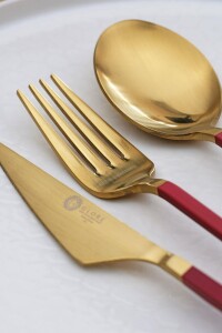 Glore Lizbon 6 Kişilik Çatal Kaşık Bıçak Takımı Gold-Kırmızı - Glore (1)