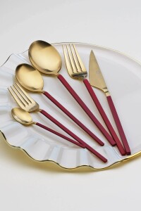 Glore Lizbon 6 Kişilik Çatal Kaşık Bıçak Takımı Gold-Kırmızı - 3