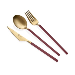 Glore Lizbon 6 Kişilik Çatal Kaşık Bıçak Takımı Gold-Kırmızı - 6