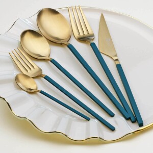 Glore Lizbon 6 Kişilik Çatal Kaşık Bıçak Takımı Gold-Yeşil - Glore