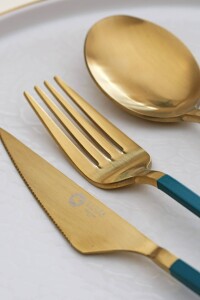 Glore Lizbon 6 Kişilik Çatal Kaşık Bıçak Takımı Gold-Yeşil - Glore (1)