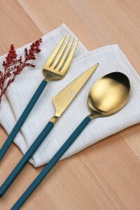 Glore Lizbon 6 Kişilik Çatal Kaşık Bıçak Takımı Gold-Yeşil - 3