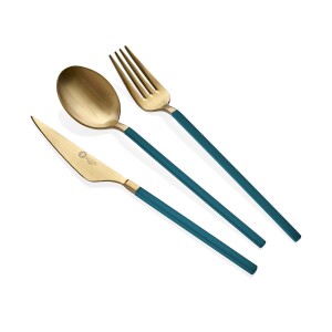 Glore Lizbon 6 Kişilik Çatal Kaşık Bıçak Takımı Gold-Yeşil - 6