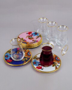 Glore Lorena Asorti Altın Yaldızlı Cam Çay Takımı - Glore