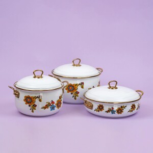 Glore Lorena Beyaz 6 Parça Büyük Emaye Tencere Takımı 28cm - 26cm - 24cm - Glore