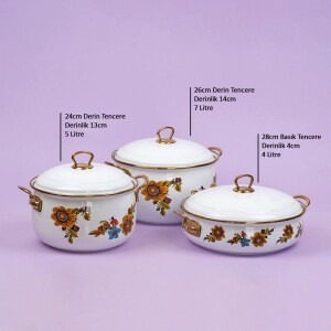 Glore Lorena Beyaz 6 Parça Büyük Emaye Tencere Takımı 28cm - 26cm - 24cm - Glore (1)