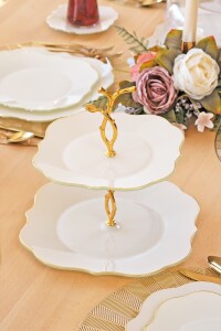 Glore Lotus Krem Altın Yaldızlı 6 Kişilik 34 Parça Pasta Servis Takımı - 6