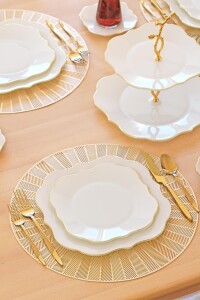 Glore Lotus Krem Altın Yaldızlı 6 Kişilik 34 Parça Pasta Servis Takımı - Glore (1)