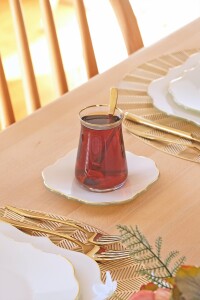 Glore Lotus Krem 6 Kişilik Cam Çay Tabağı Takımı Altın Yaldızlı - 7