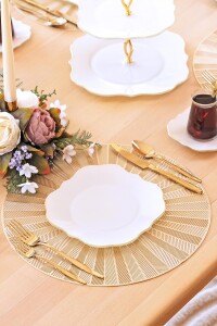 Glore Lotus Krem 6 Kişilik Cam Pasta Tabağı Takımı Altın Yaldızlı - Glore (1)