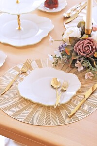 Glore Lotus Krem 6 Kişilik Cam Pasta Tabağı Takımı Altın Yaldızlı - Glore