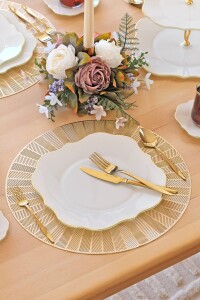 Glore Lotus Krem 6 Kişilik Cam Servis Tabağı Takımı Altın Yaldızlı - Glore