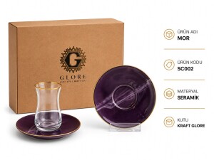 Glore Mor 12 Parça 6 Kişilik Altın Yaldızlı Seramik Çay Takımı - Glore