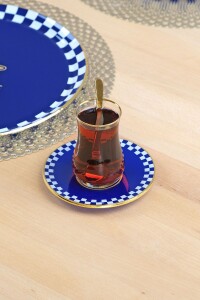 Glore Nazar Mavi Altın Yaldızlı 12 Parça 6 Kişilik Cam Çay Takımı - Glore