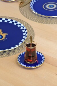 Glore Nazar Mavi Altın Yaldızlı 12 Parça 6 Kişilik Cam Çay Takımı - 3